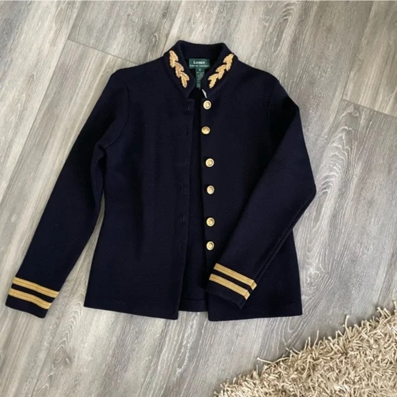 Vintage Ralph Lauren Knit Merino Wool Military Jacket Navy with Gold Leaf sz P - Picture 4 of 11
